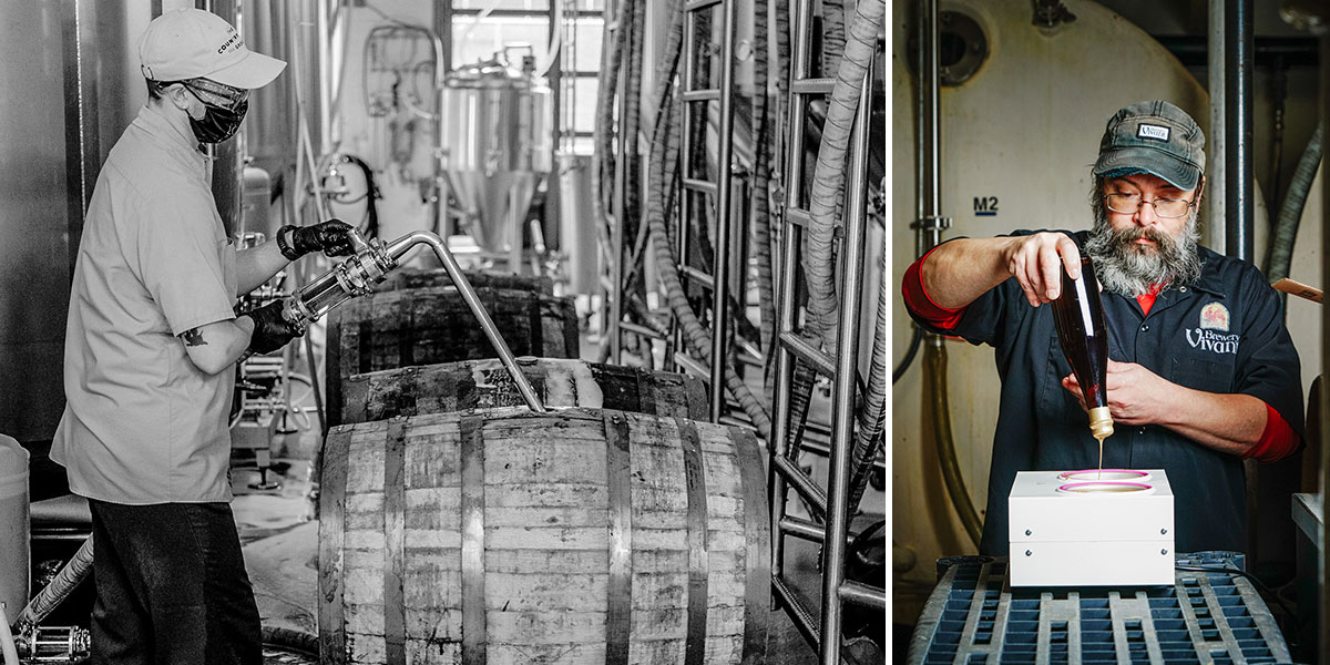 brewery vivant employees working in barrel rool